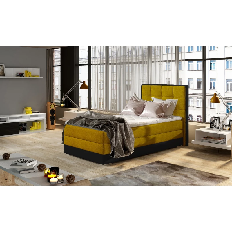Einzelbett (kontinental) 90x200 VIRELLO - gelb/schwarzes Öko-Leder, linke Ausführung