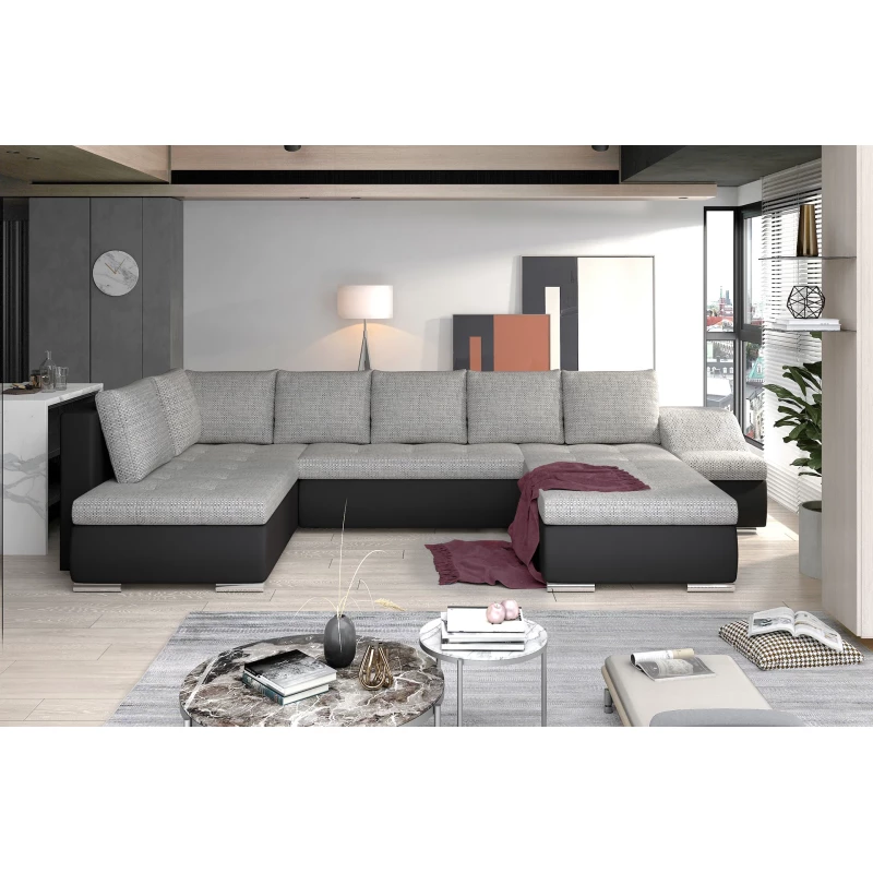 Großes Schlafsofa AURELIE – hellgrau/schwarzes Kunstleder, Echtleder