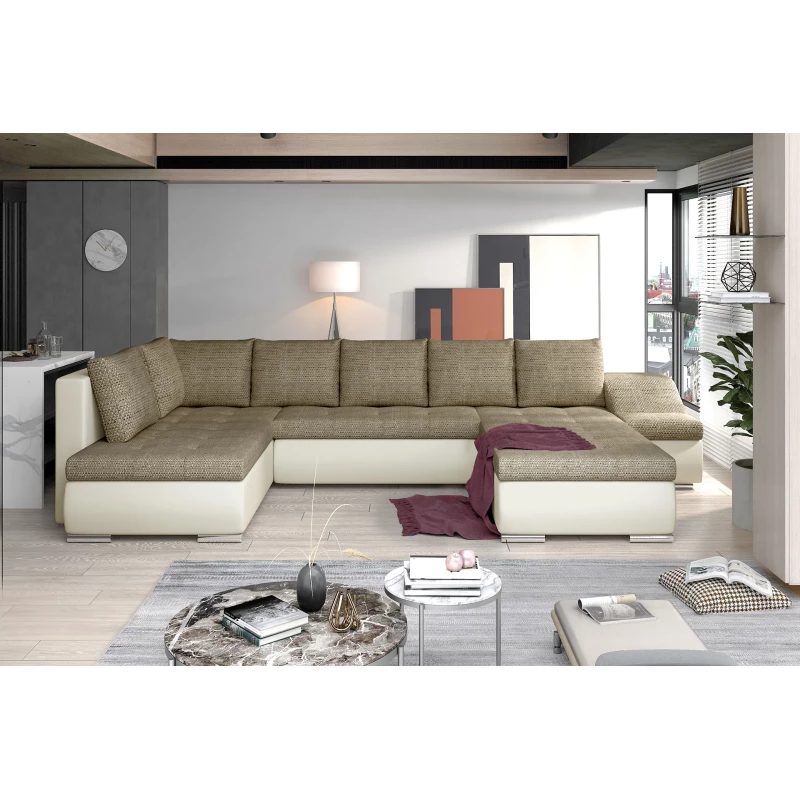 Großes Schlafsofa AURELIE – dunkelbeige/beige Öko-Leder, echtes Design