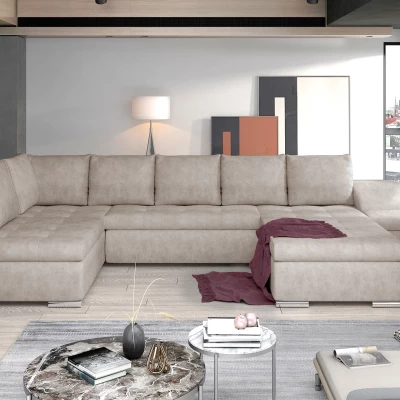 Großes Schlafsofa AURELIE – beiges Kunstleder, Echtleder