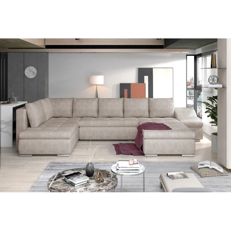 Großes Schlafsofa AURELIE – beiges Kunstleder, Echtleder