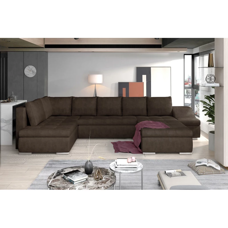 Großes Schlafsofa AURELIE – braunes Kunstleder, Echtleder
