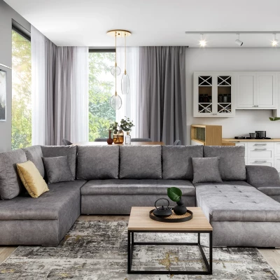 Großes Schlafsofa AURELIE – graues Kunstleder, Echtleder