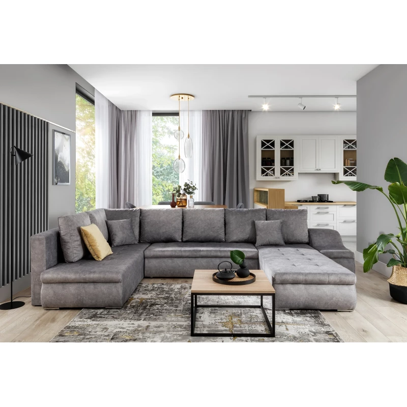Großes Schlafsofa AURELIE – graues Kunstleder, Echtleder
