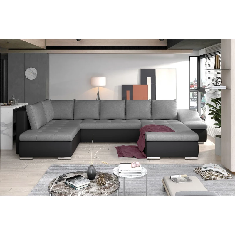 Großes Schlafsofa AURELIE – grau/schwarzes Kunstleder, Echtleder