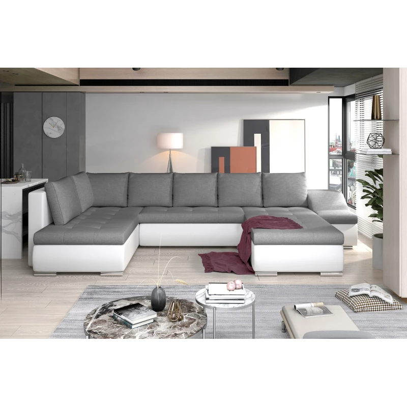 Großes Schlafsofa AURELIE – grau/weißes Öko-Leder, Echtleder