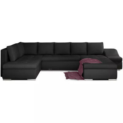 Großes Schlafsofa AURELIE – schwarz / schwarzes Kunstleder, Echtleder