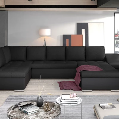 Großes Schlafsofa AURELIE – schwarz / schwarzes Kunstleder, Echtleder