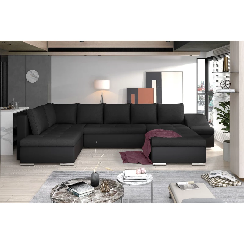 Großes Schlafsofa AURELIE – schwarz / schwarzes Kunstleder, Echtleder