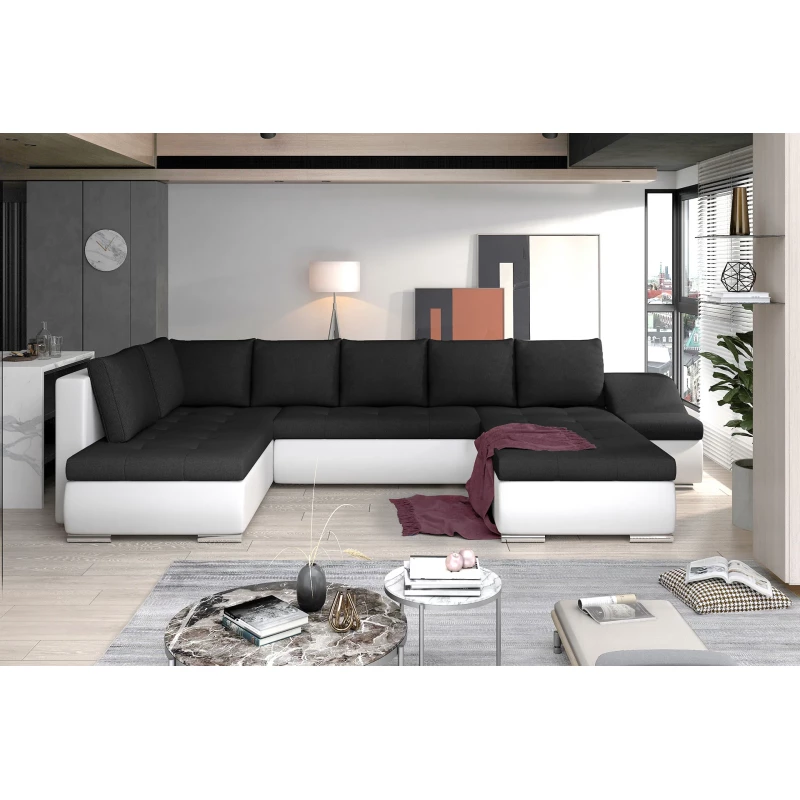 Großes Schlafsofa AURELIE – schwarz/weißes Öko-Leder, Echtleder