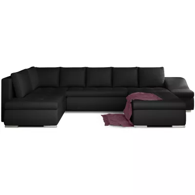 Großes Schlafsofa AURELIE – schwarzes Kunstleder, Echtleder