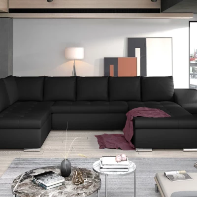 Großes Schlafsofa AURELIE – schwarzes Kunstleder, Echtleder