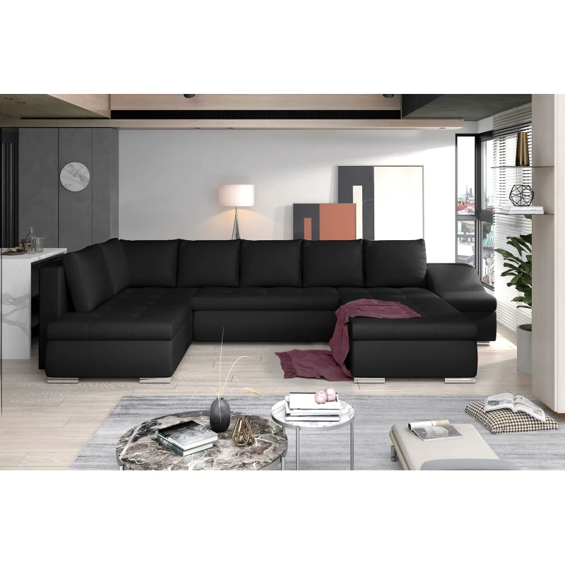 Großes Schlafsofa AURELIE – schwarzes Kunstleder, Echtleder