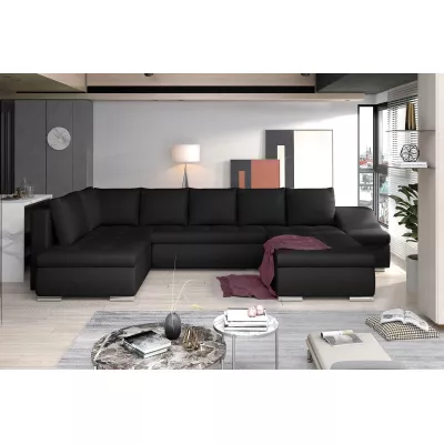 Großes Schlafsofa AURELIE – schwarzes Kunstleder, Echtleder