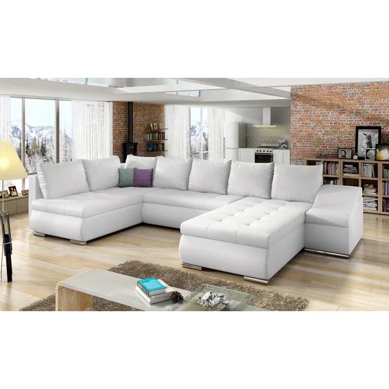 Großes Schlafsofa AURELIE – weißes Kunstleder, Echtleder