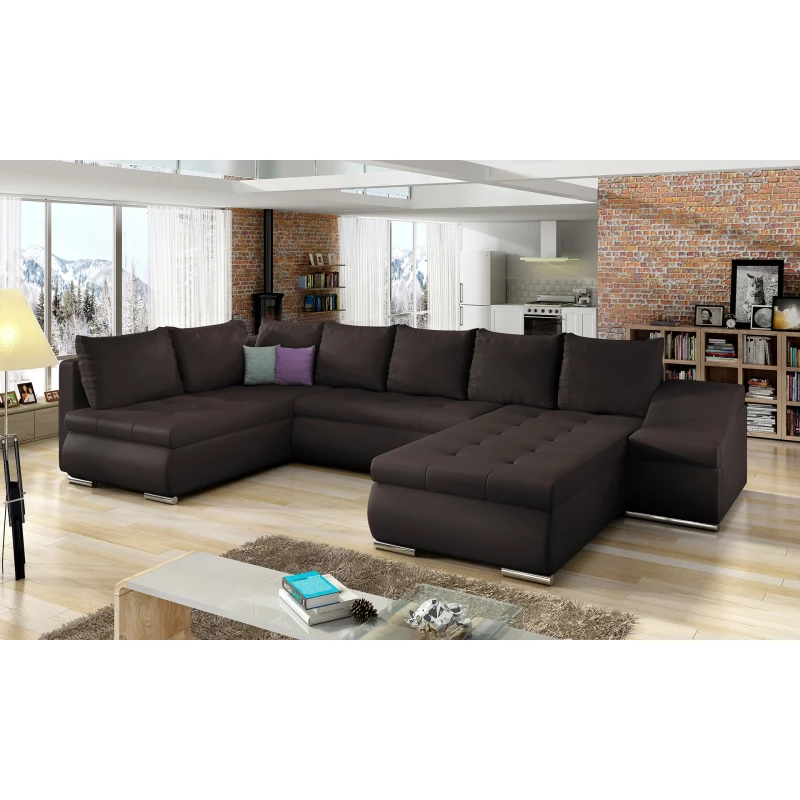 Großes Schlafsofa AURELIE – dunkelbraunes Kunstleder, Echtleder
