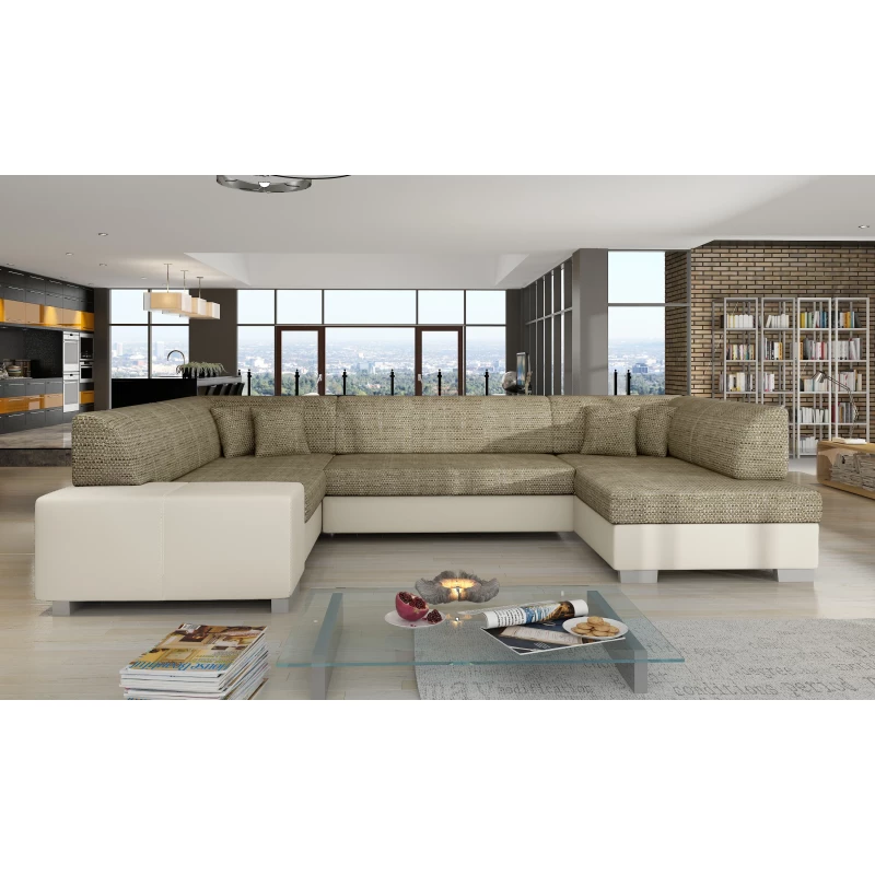 Große U-förmige Sofagarnitur KAIRI – dunkelbeige/beige Öko-Leder, Echtleder