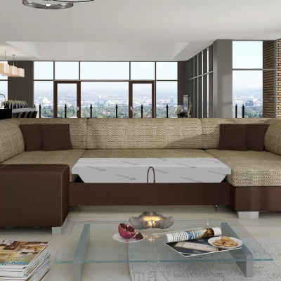 Große U-förmige Sofagarnitur KAIRI – dunkelbeige/braunes Öko-Leder, authentisches Design