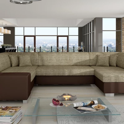 Große U-förmige Sofagarnitur KAIRI – dunkelbeige/braunes Öko-Leder, authentisches Design