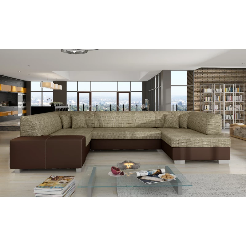 Große U-förmige Sofagarnitur KAIRI – dunkelbeige/braunes Öko-Leder, authentisches Design
