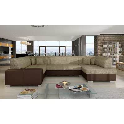 Große U-förmige Sofagarnitur KAIRI – dunkelbeige/braunes Öko-Leder, authentisches Design
