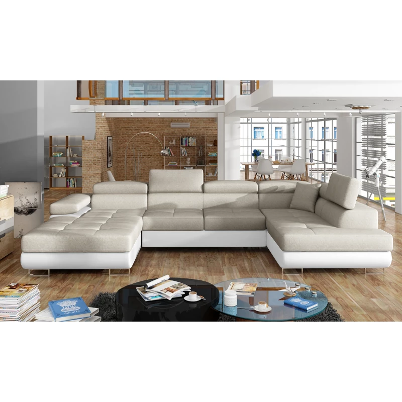 Großes U-förmiges Sofa für das Wohnzimmer ISABEAU – hellbeige/weiß, rechte Ecke