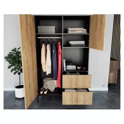 Kleiderschrank mit Schubladen 120 cm CYMBELINE - schwarz / Eiche handwerklich