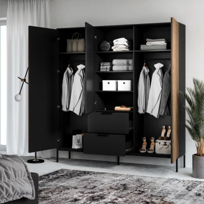 Großer Kleiderschrank 185 cm PHAEDRA – schwarz / Eiche handwerklich