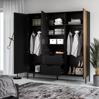 Großer Kleiderschrank 185 cm PHAEDRA – schwarz / Eiche handwerklich