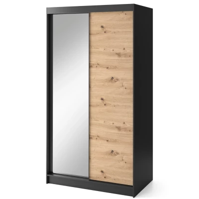 Kleiderschrank mit Schiebetüren und Spiegel, 120 cm, OLIVIERA – schwarz/Eiche handwerklich.
