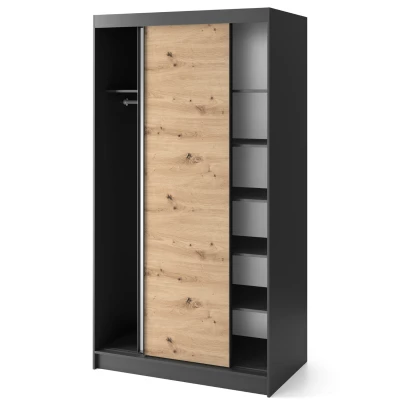 Kleiderschrank mit Schiebetüren und Spiegel, 120 cm, OLIVIERA – schwarz/Eiche handwerklich.