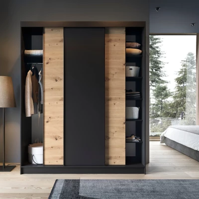 Kleiderschrank mit Schiebetüren 180 cm OLIVIERA - schwarz / Eiche handwerklich