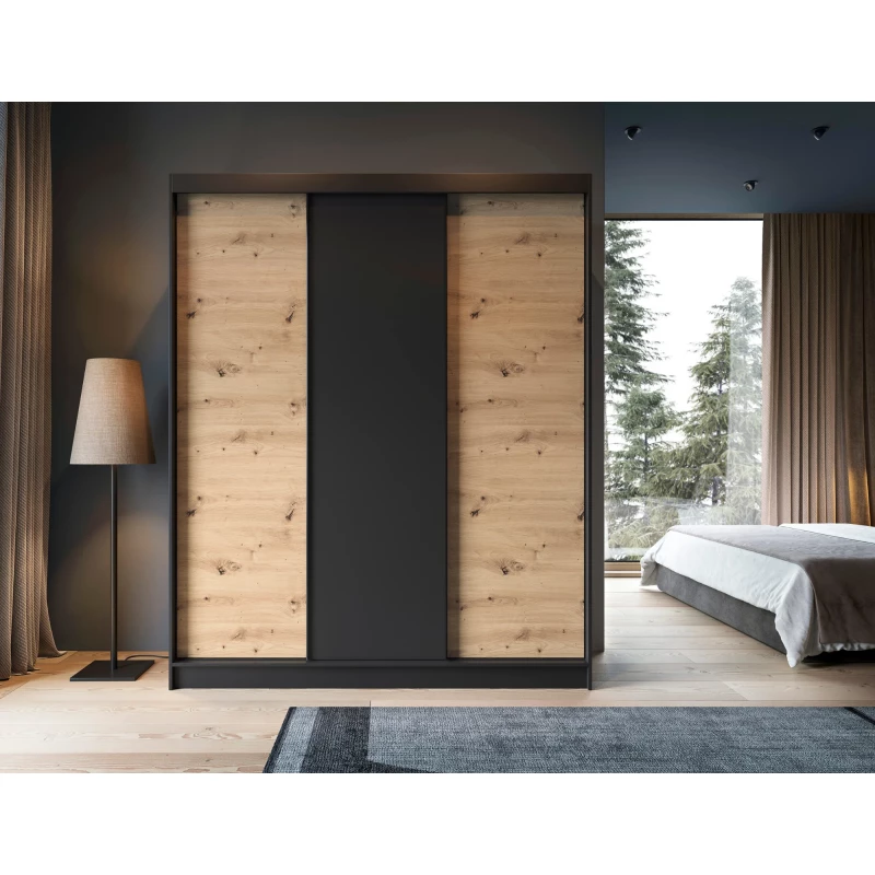 Kleiderschrank mit Schiebetüren 180 cm OLIVIERA - schwarz / Eiche handwerklich