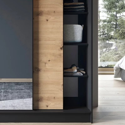 Kleiderschrank mit Schiebetüren und Spiegel, 180 cm, OLIVIERA – schwarz/Eiche handwerklich.