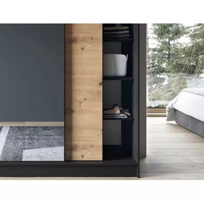 Kleiderschrank mit Schiebetüren und Spiegel, 180 cm, OLIVIERA – schwarz/Eiche handwerklich.