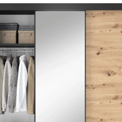 Kleiderschrank mit Schiebetüren und Spiegel, 180 cm, OLIVIERA – schwarz/Eiche handwerklich.