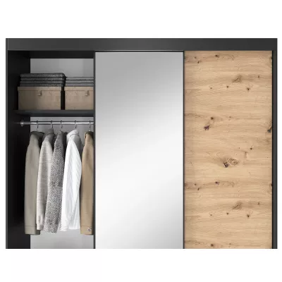 Kleiderschrank mit Schiebetüren und Spiegel, 180 cm, OLIVIERA – schwarz/Eiche handwerklich.