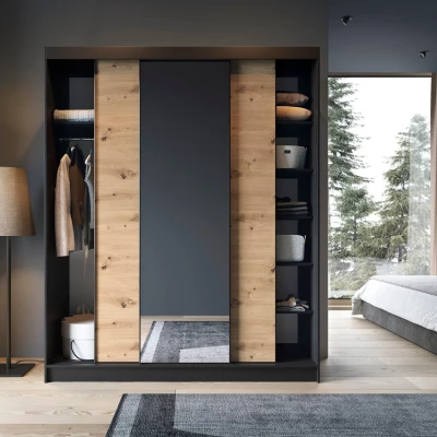 Kleiderschrank mit Schiebetüren und Spiegel, 180 cm, OLIVIERA – schwarz/Eiche handwerklich.