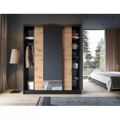 Kleiderschrank mit Schiebetüren und Spiegel, 180 cm, OLIVIERA – schwarz/Eiche handwerklich.