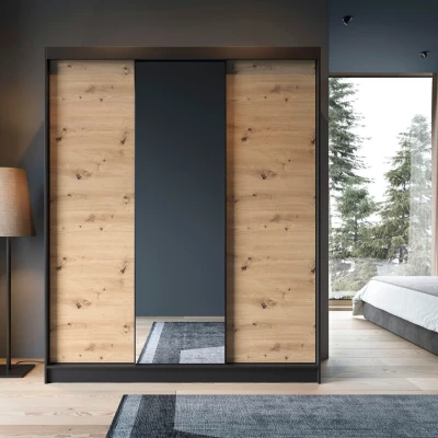Kleiderschrank mit Schiebetüren und Spiegel, 180 cm, OLIVIERA – schwarz/Eiche handwerklich.