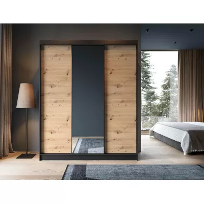 Kleiderschrank mit Schiebetüren und Spiegel, 180 cm, OLIVIERA – schwarz/Eiche handwerklich.