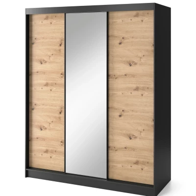 Kleiderschrank mit Schiebetüren und Spiegel, 180 cm, OLIVIERA – schwarz/Eiche handwerklich.