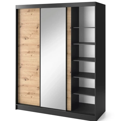 Kleiderschrank mit Schiebetüren und Spiegel, 180 cm, OLIVIERA – schwarz/Eiche handwerklich.