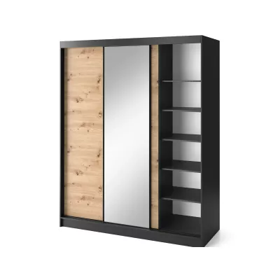 Kleiderschrank mit Schiebetüren und Spiegel, 180 cm, OLIVIERA – schwarz/Eiche handwerklich.