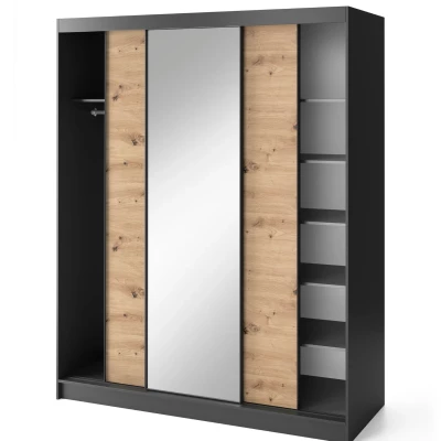 Kleiderschrank mit Schiebetüren und Spiegel, 180 cm, OLIVIERA – schwarz/Eiche handwerklich.