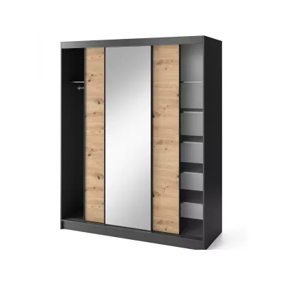 Kleiderschrank mit Schiebetüren und Spiegel, 180 cm, OLIVIERA – schwarz/Eiche handwerklich.