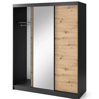 Kleiderschrank mit Schiebetüren und Spiegel, 180 cm, OLIVIERA – schwarz/Eiche handwerklich.