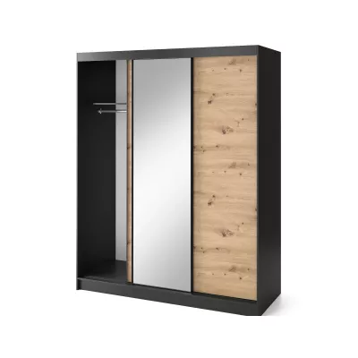 Kleiderschrank mit Schiebetüren und Spiegel, 180 cm, OLIVIERA – schwarz/Eiche handwerklich.