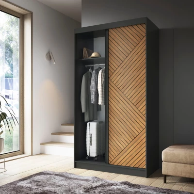 Kleiderschrank mit Schiebetüren 120 cm VALORA – schwarz/karamellfarbene Eiche