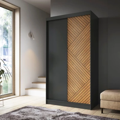 Kleiderschrank mit Schiebetüren 120 cm VALORA – schwarz/karamellfarbene Eiche